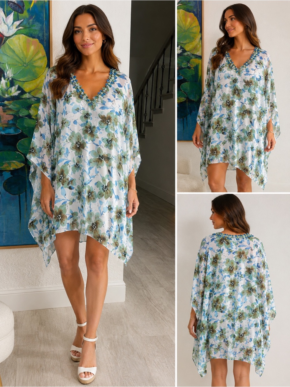 Badgley Mischka Floral Embellished Tunic Dress Kaftan Cover Up Size S EUC